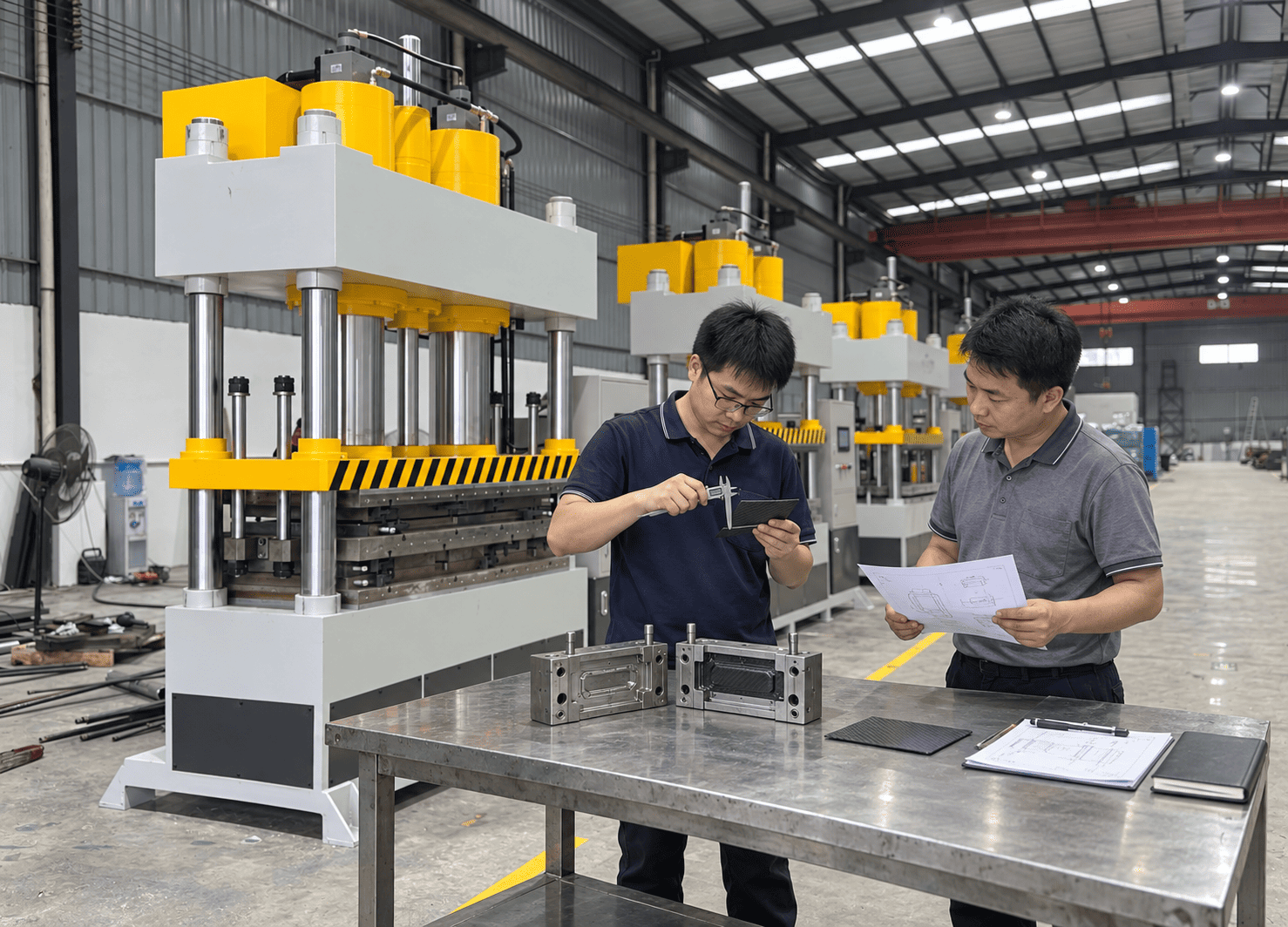 Huajia engineers evaluating a customized hydraulic press project